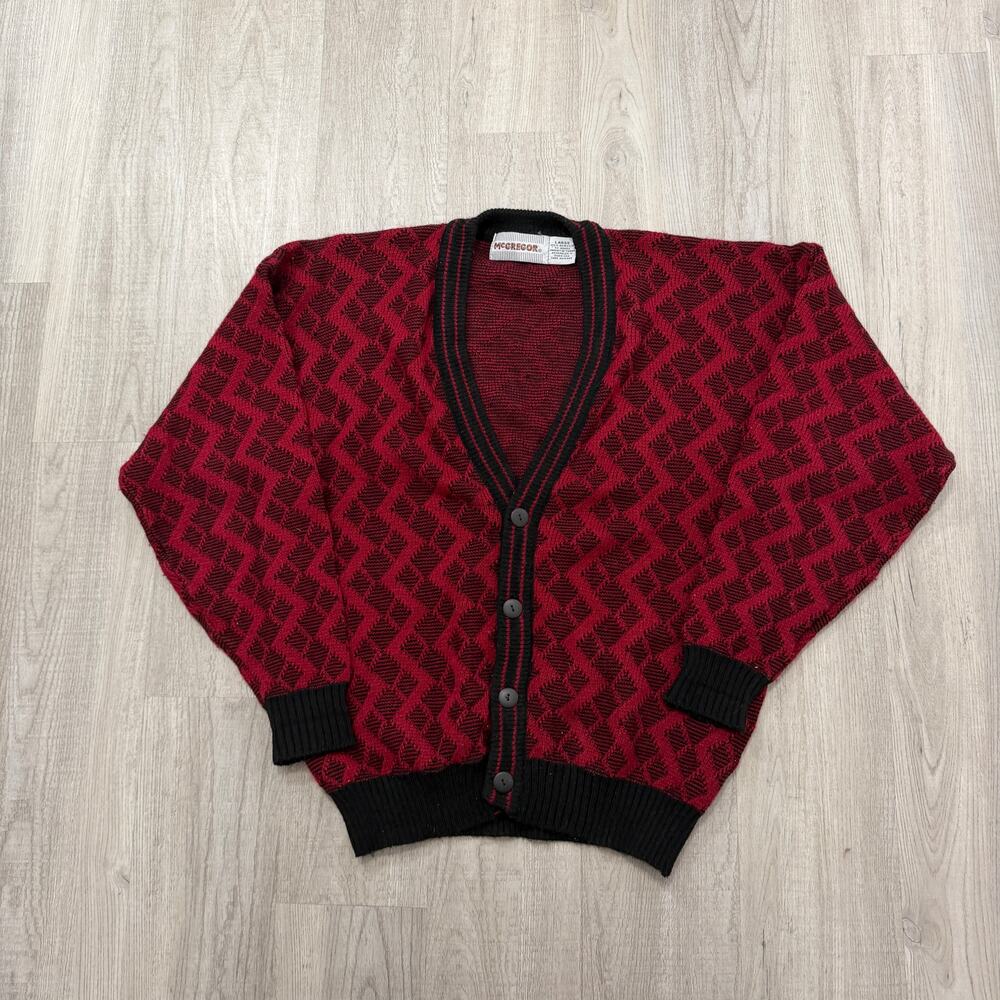Vintage Red and Black Men's Cardigan Sweater